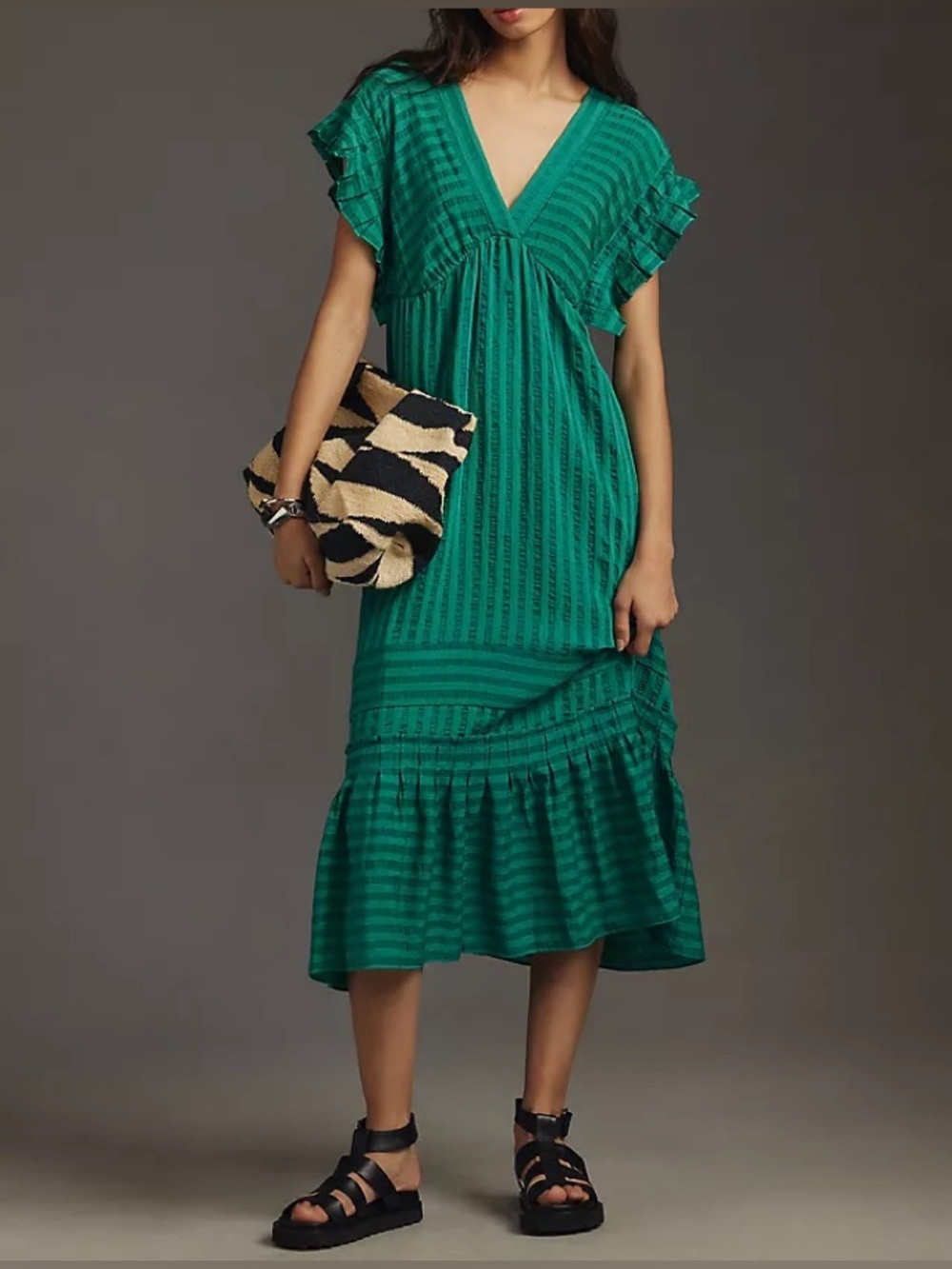 Anthropologie Flutter Sleeve V-Neck Midi Dress Boho Cottagecore Green Size S